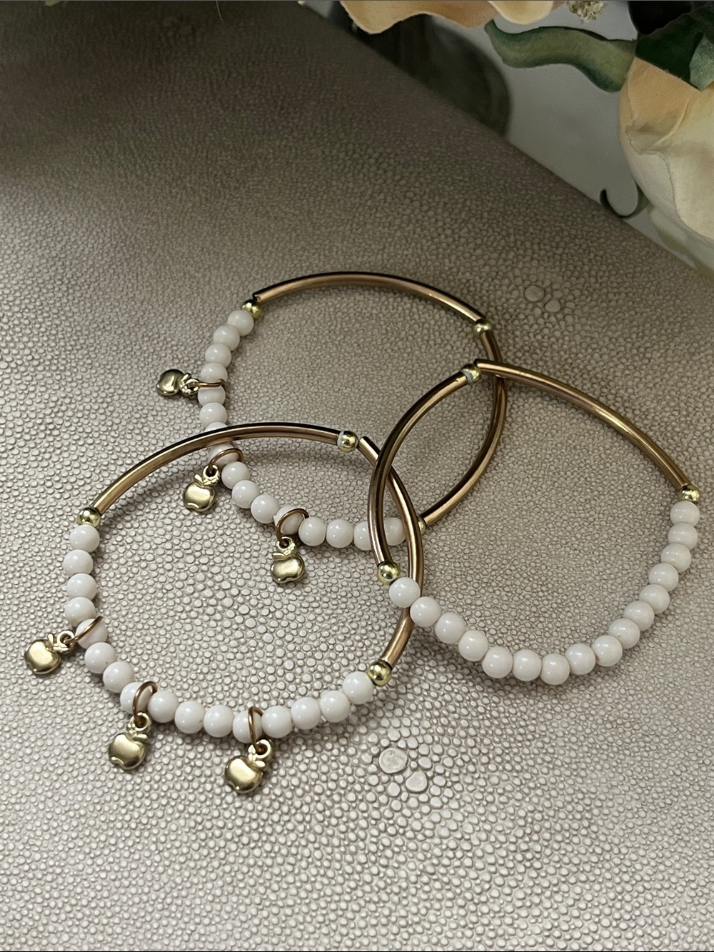 Gold & White Beaded Charm Bracelet Set
